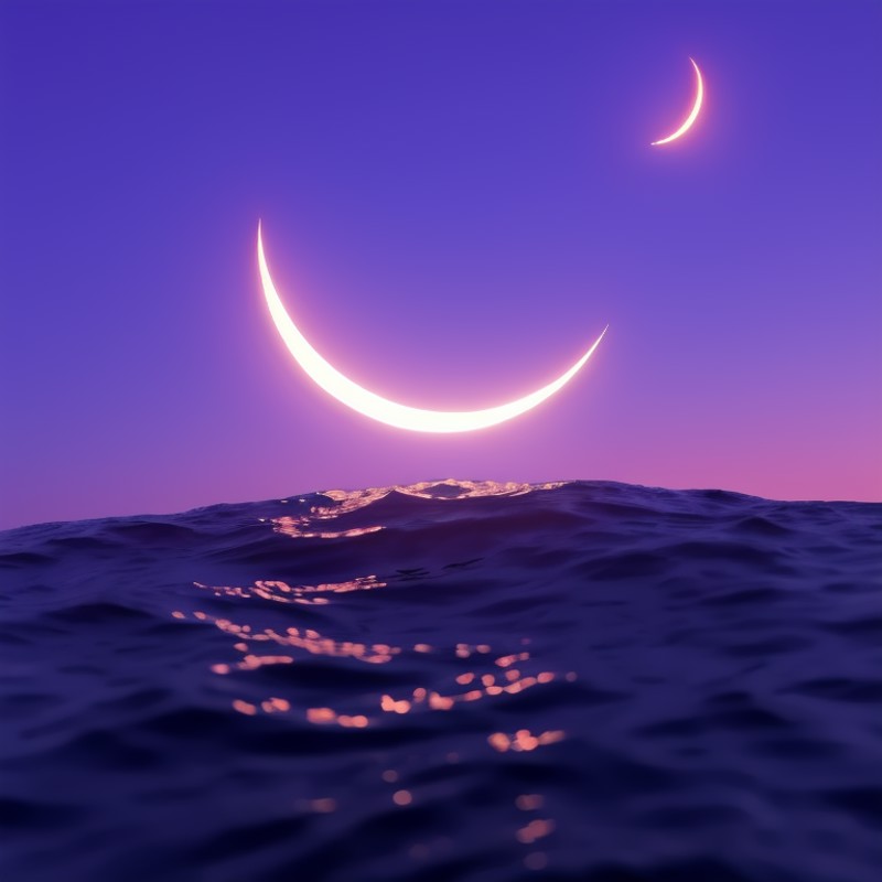 scenery, crescent moon,sky, outdoors, water,  night, gradient sky, purple sky<lora:mood-000004:0.7>
